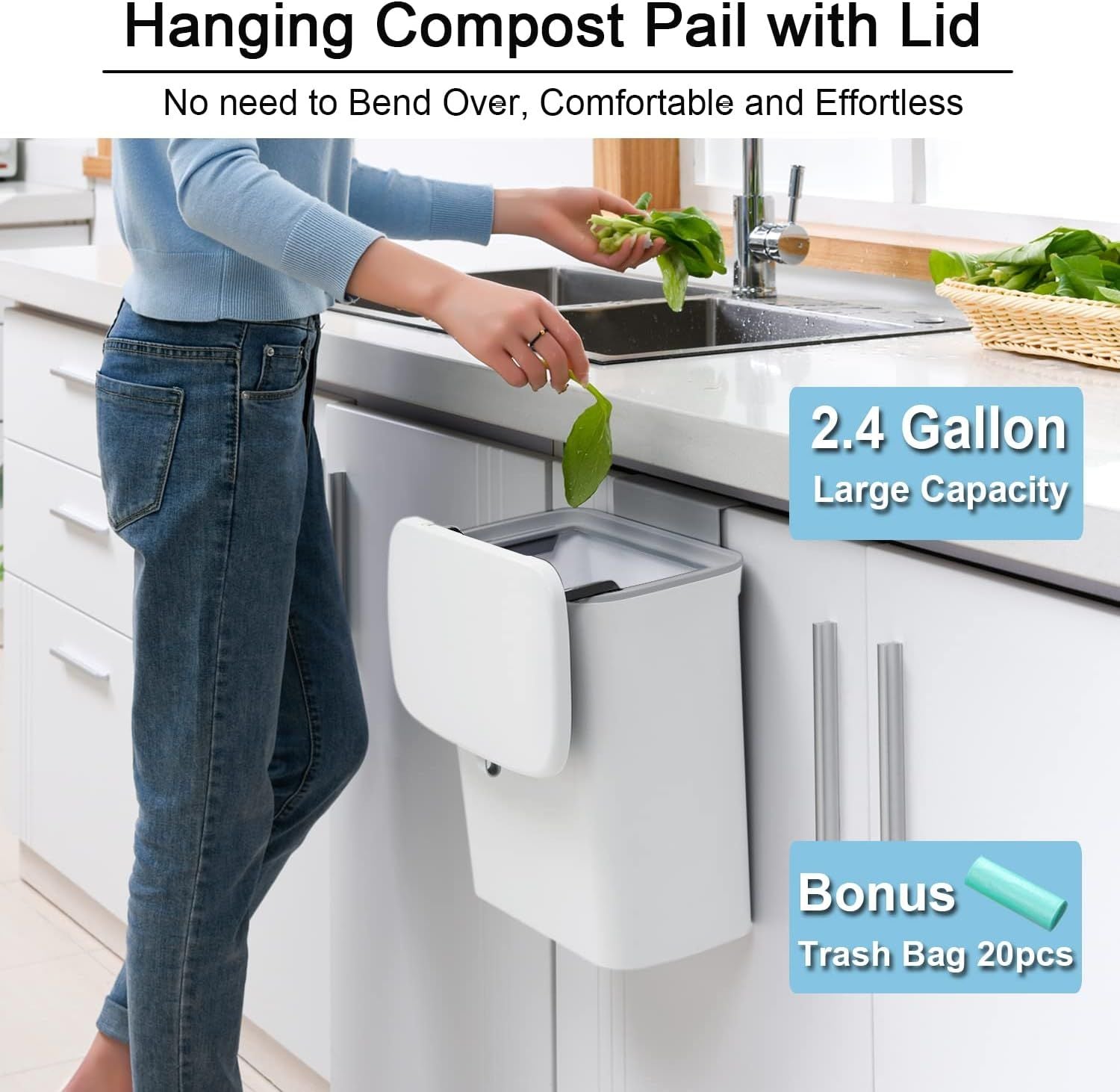 Hanging Kitchen Compost Bin with Lid for Cabinet Door or Wall, No-Drill Adhesive Mount, Odor-Proof & V1107-CS-GBSLJTB