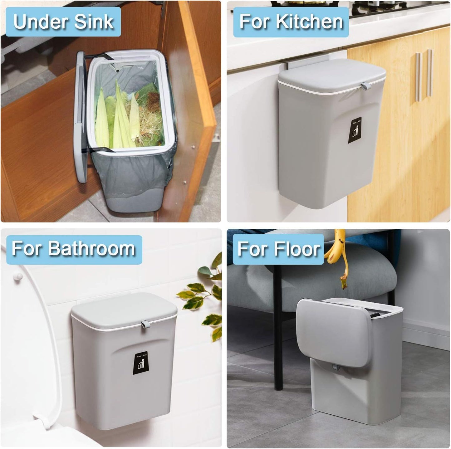 Hanging Kitchen Compost Bin with Lid for Cabinet Door or Wall, No-Drill Adhesive Mount, Odor-Proof & V1107-CS-GBSLJTH