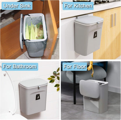 Hanging Kitchen Compost Bin with Lid for Cabinet Door or Wall, No-Drill Adhesive Mount, Odor-Proof & V1107-CS-GBSLJTH