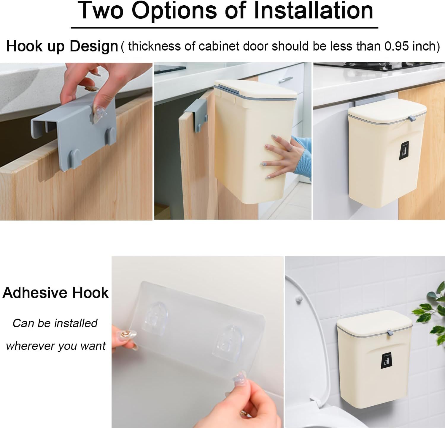 Hanging Kitchen Compost Bin with Lid for Cabinet Door or Wall, No-Drill Adhesive Mount, Odor-Proof & V1107-CS-GBSLJTM