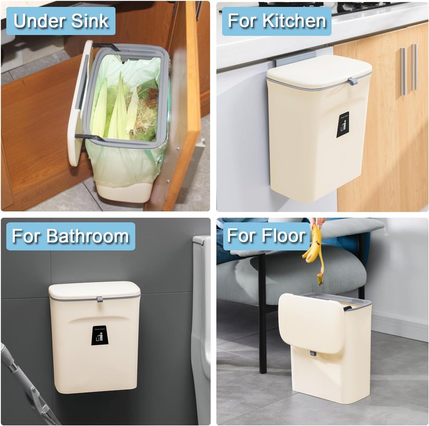 Hanging Kitchen Compost Bin with Lid for Cabinet Door or Wall, No-Drill Adhesive Mount, Odor-Proof & V1107-CS-GBSLJTM