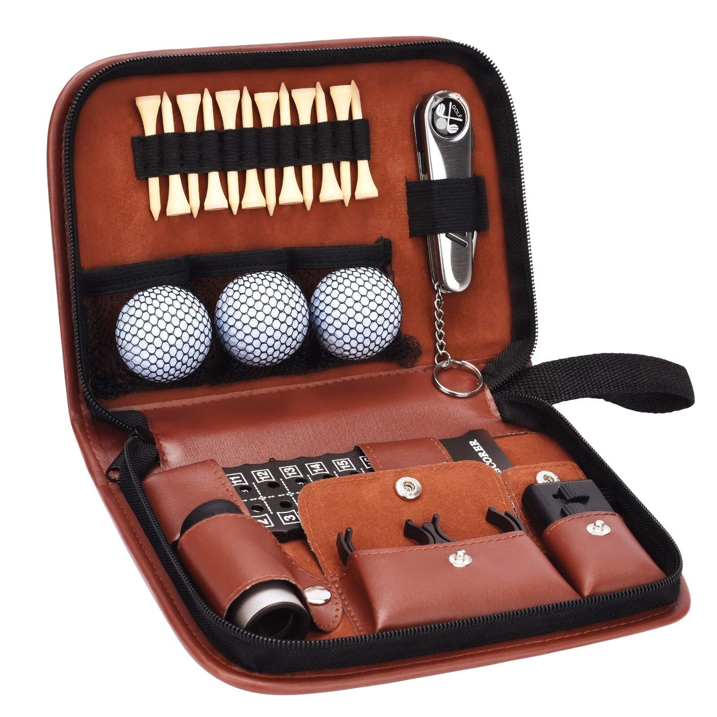 Premium Golf Accessory Kit with Rangefinder, Tees, Balls & 6-in-1 Divot Tool - Brown Leather Case for Men and V1107-CS-GEFGJBPJ
