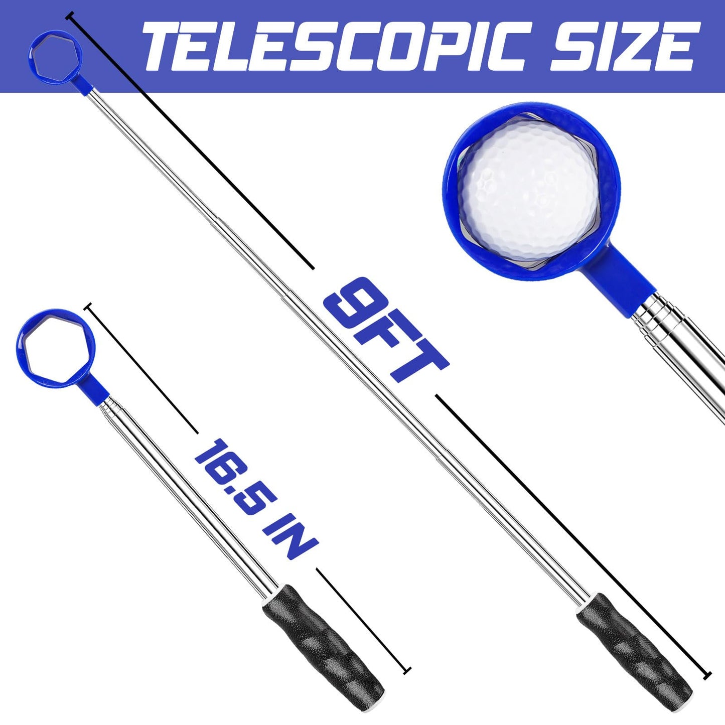 Telescopic Golf Ball Retriever 9FT - Blue Stainless Steel Pole with Durable Nylon Head for Water, Sand & Bush V1107-CS-GEFJQQ