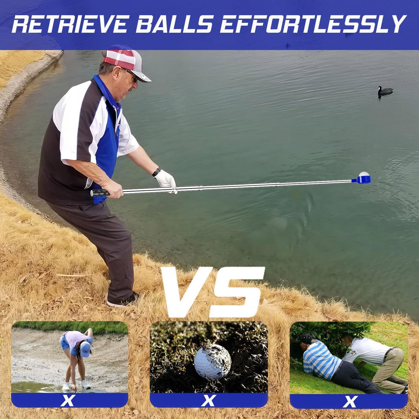 Telescopic Golf Ball Retriever 9FT - Blue Stainless Steel Pole with Durable Nylon Head for Water, Sand & Bush V1107-CS-GEFJQQ