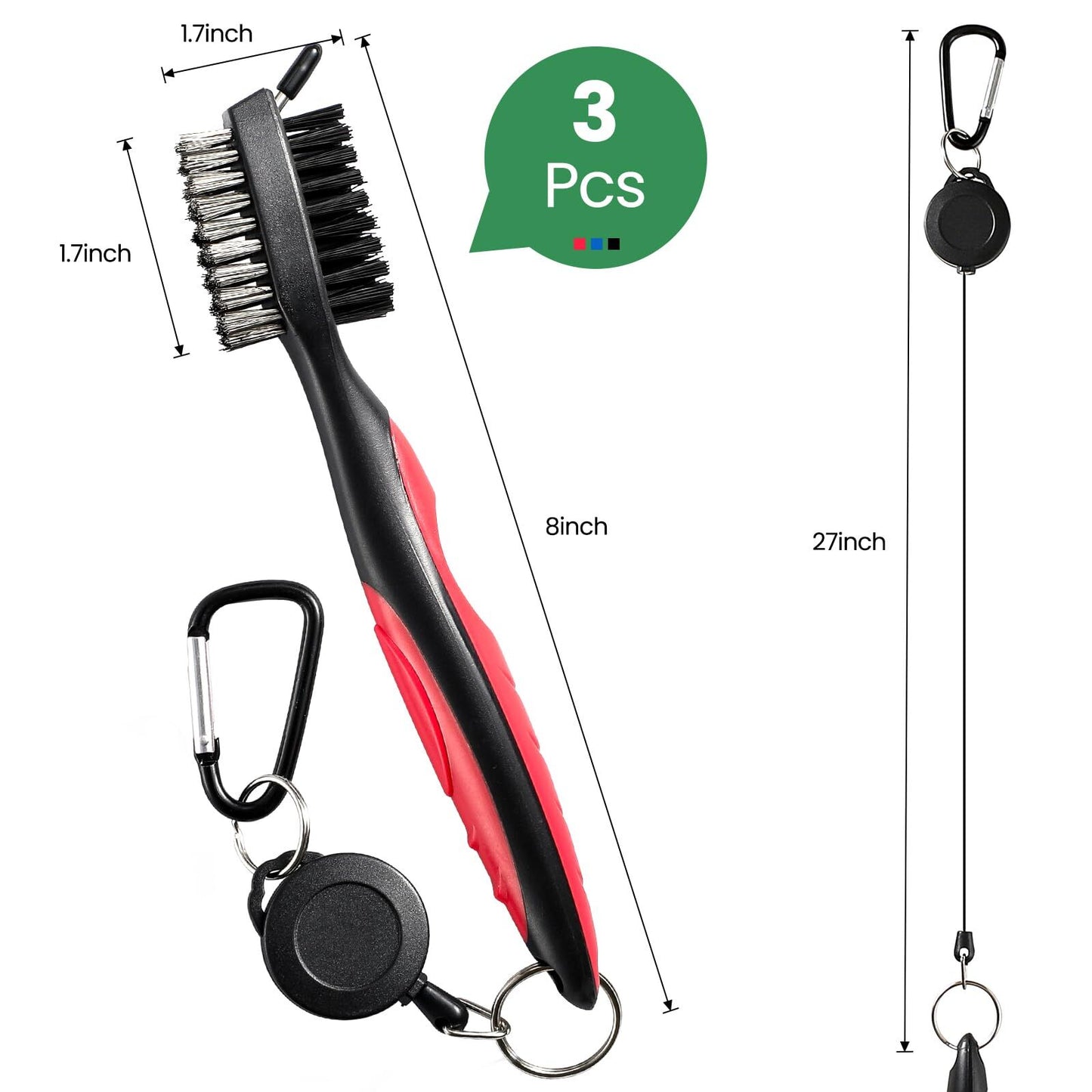 Golf Club Cleaning Brush Set with Retractable Zip Line - 3-Pack Dual-Sided Brush for Deep Groove Cleaning V1107-CS-GEFQGSMS