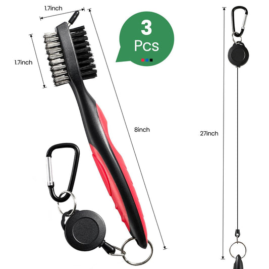 Golf Club Cleaning Brush Set with Retractable Zip Line - 3-Pack Dual-Sided Brush for Deep Groove Cleaning V1107-CS-GEFQGSMS