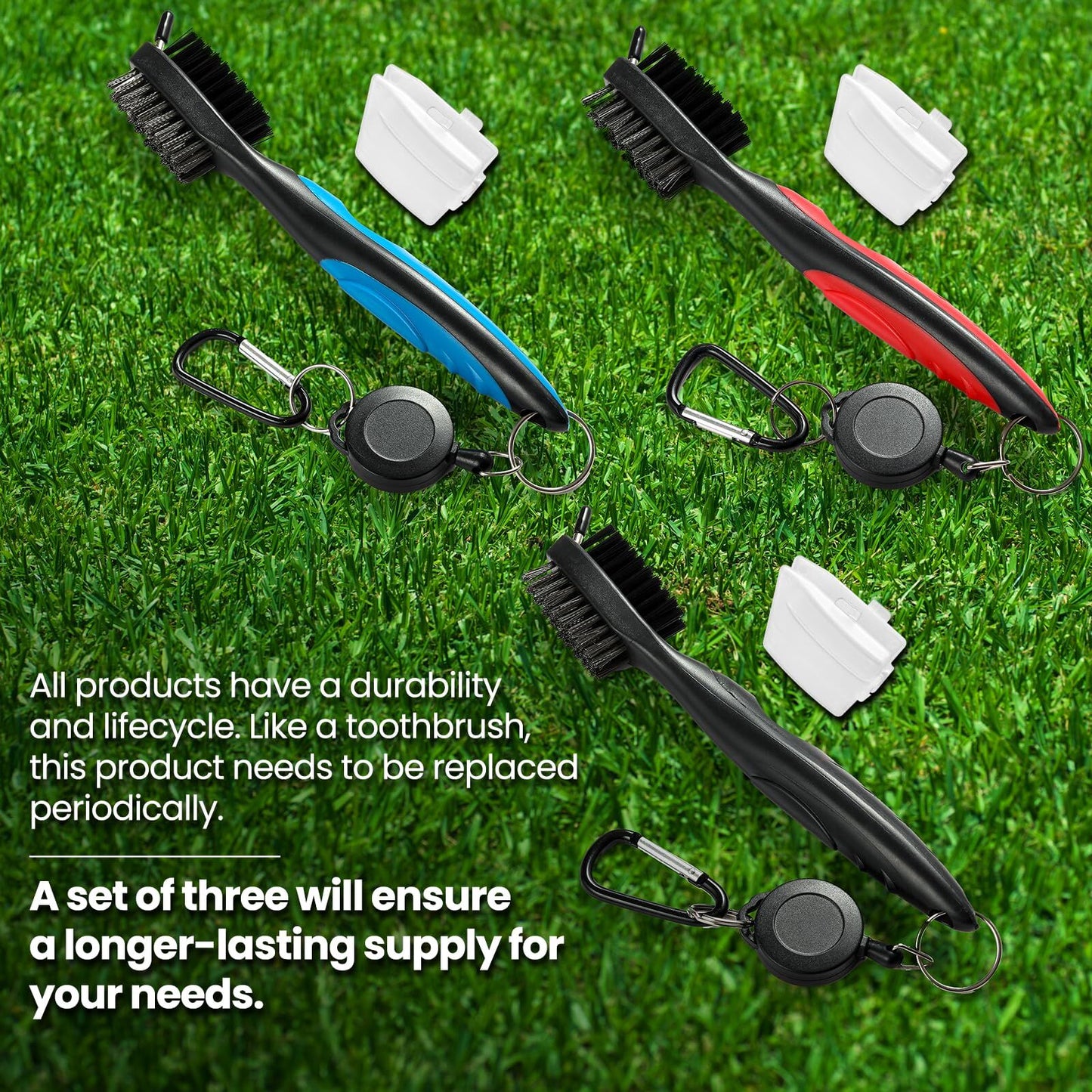 Golf Club Cleaning Brush Set with Retractable Zip Line - 3-Pack Dual-Sided Brush for Deep Groove Cleaning V1107-CS-GEFQGSMS