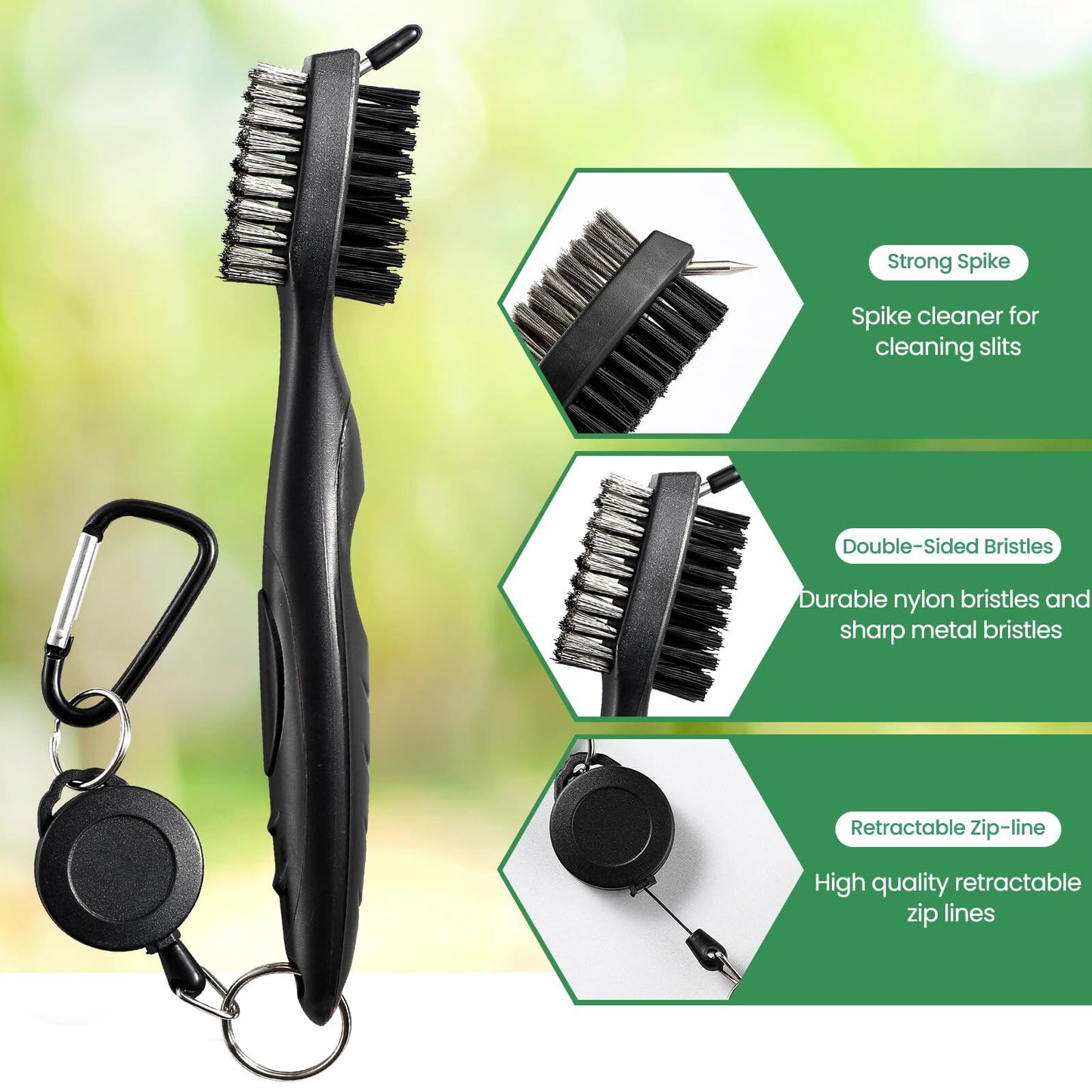 Golf Club Cleaning Brush Set with Retractable Zip Line - 3-Pack Dual-Sided Brush for Deep Groove Cleaning V1107-CS-GEFQGSMS