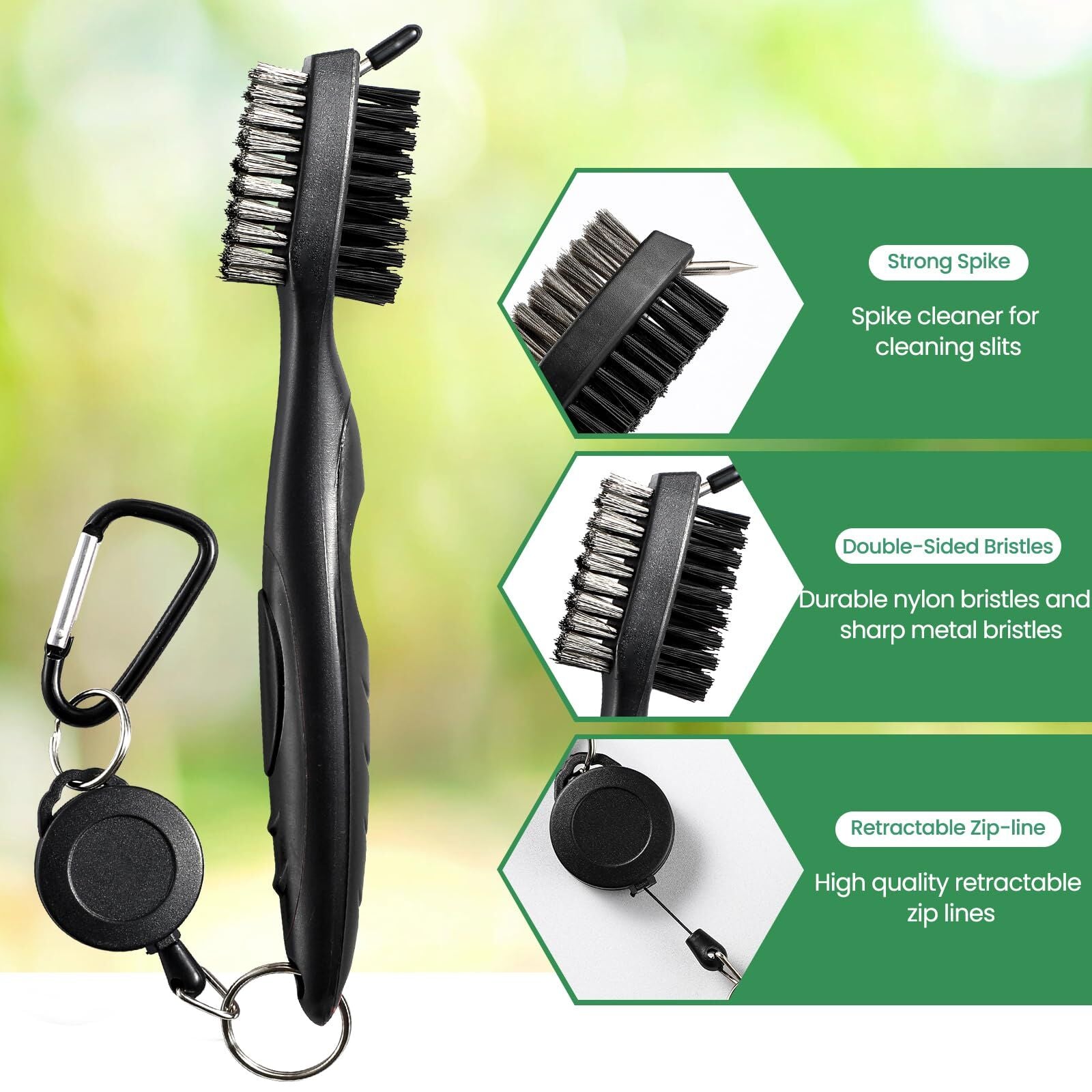 Golf Club Cleaning Brush Set with Retractable Zip Line - 3-Pack Dual-Sided Brush for Deep Groove Cleaning V1107-CS-GEFQGSMS