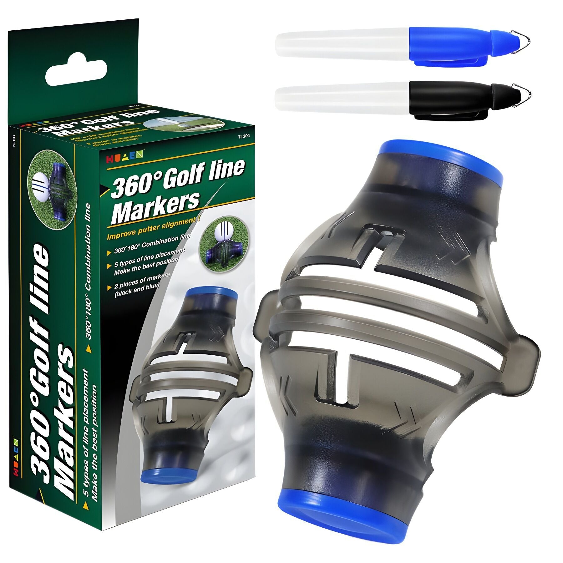 360 degrees Golf Ball Line Marker with 2 Pens - Full Coverage Alignment Tool for Putt, Driver & Irons (Blue) V1107-CS-GEFQHXK
