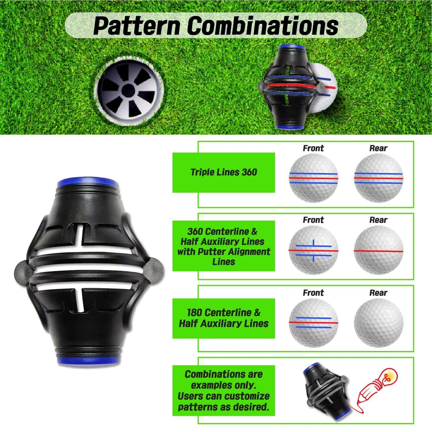 360 degrees Golf Ball Line Marker with 2 Pens - Full Coverage Alignment Tool for Putt, Driver & Irons (Blue) V1107-CS-GEFQHXK