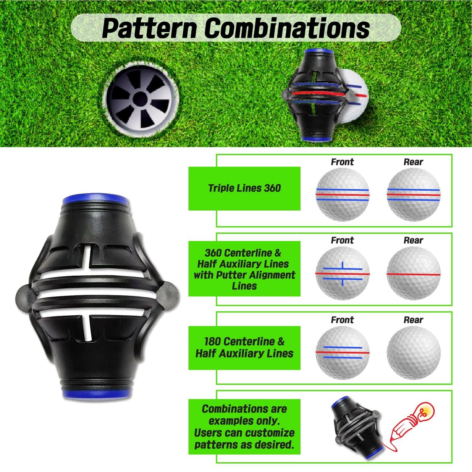 360 degrees Golf Ball Line Marker with 2 Pens - Full Coverage Alignment Tool for Putt, Driver & Irons (Blue) V1107-CS-GEFQHXK
