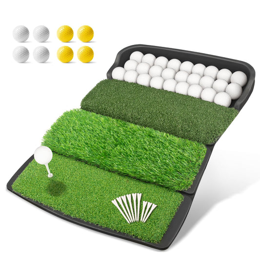 Foldable 4-in-1 Golf Practice Mat with Ball Tray - 24.5x17in Tri-Turf Hitting Pad for Indoor & Outdoor V1107-CS-GEFZDDJD