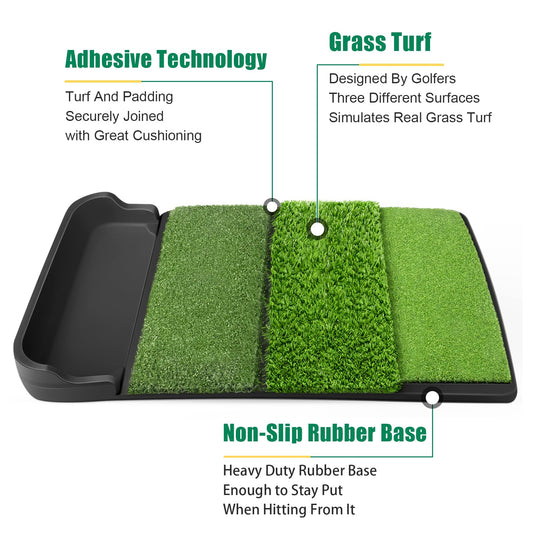 Foldable 4-in-1 Golf Practice Mat with Ball Tray - 24.5x17in Tri-Turf Hitting Pad for Indoor & Outdoor V1107-CS-GEFZDDJD