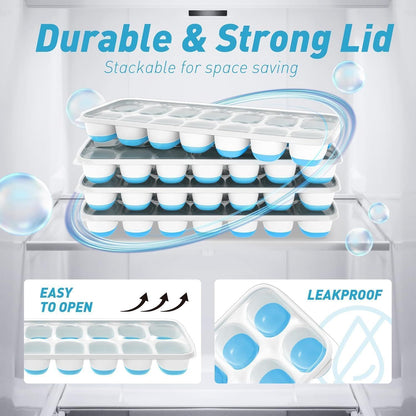 4-Pack Ice Cube Trays with 14-Cavity Design, Flexible Silicone Bases, Removable Lid, Stackable Structure, and V1107-CS-GJBGMJL