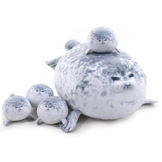 Gray Chubby Seal Plush Pillow with 4 Baby Seals Inside: Soft Stuffed Animal for Kids, Hug Pillow & Room Decor V1107-CS-HBGZ