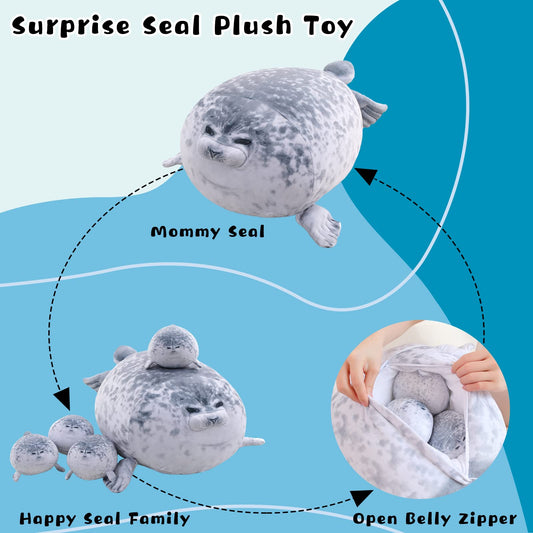 Gray Chubby Seal Plush Pillow with 4 Baby Seals Inside: Soft Stuffed Animal for Kids, Hug Pillow & Room Decor V1107-CS-HBGZ