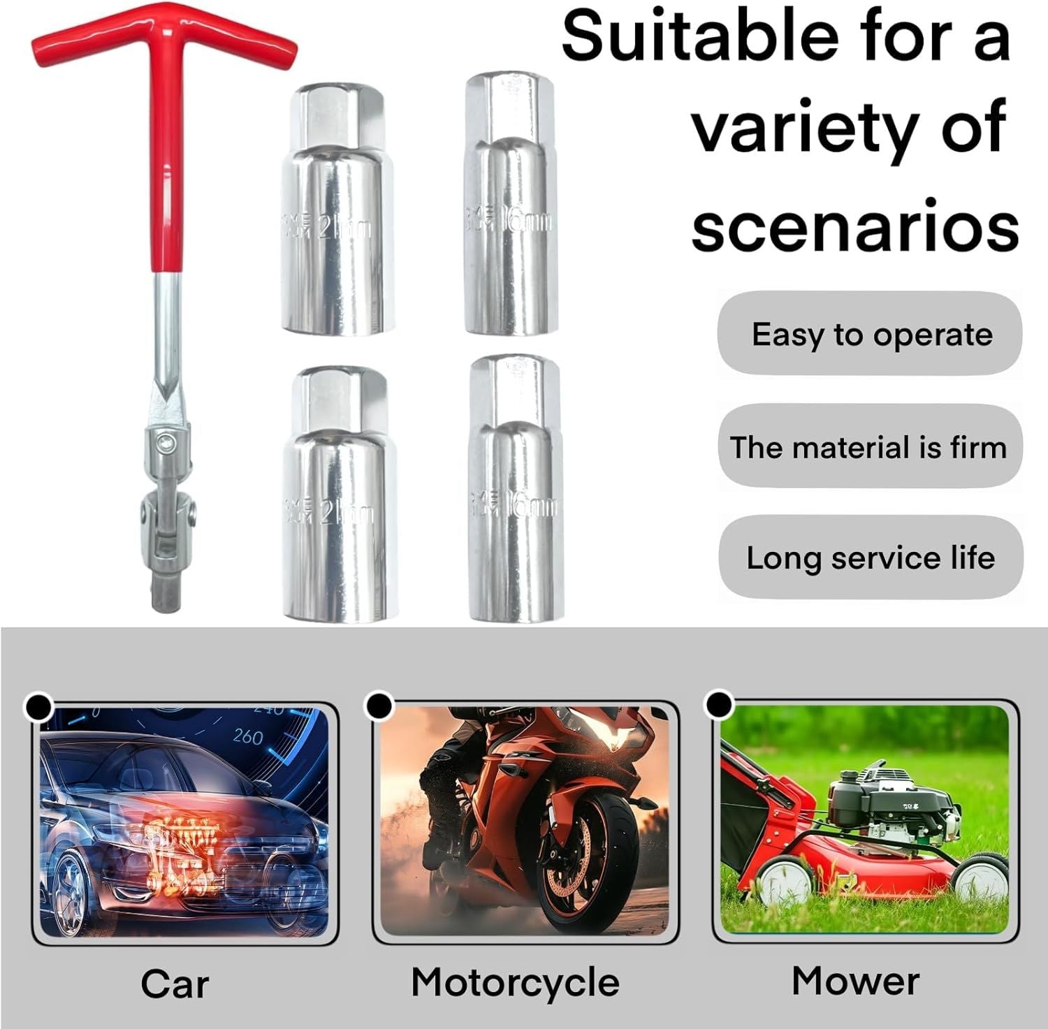 Universal T-Handle Spark Plug Socket Wrench Set for Car, Motorcycle & Lawn Mower Maintenance with Flexible V1107-CS-HHSTTBS