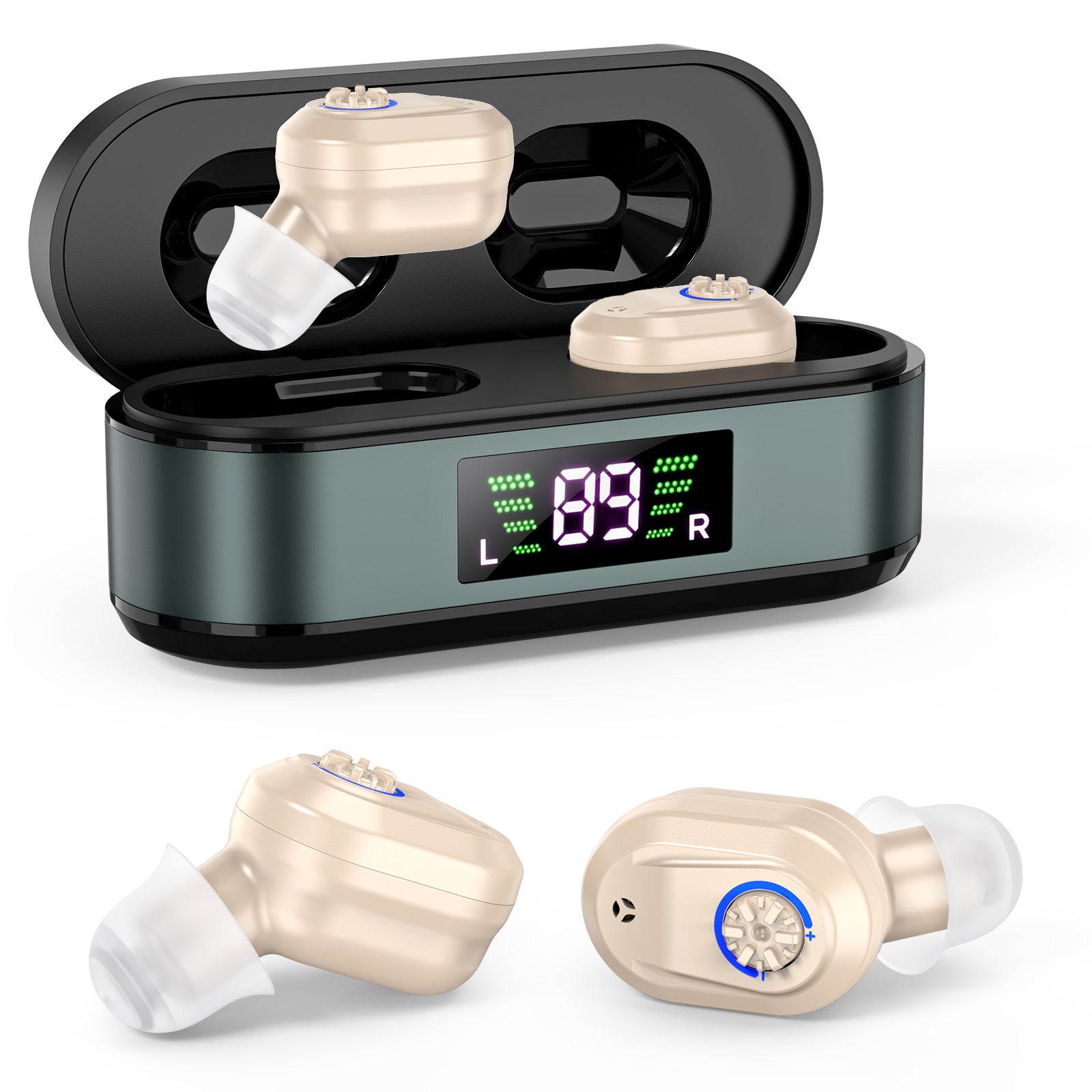 Rechargeable In-the-Ear Hearing Aids with Charging Case and LCD Display - Ultra-Compact Sound Amplifier for V1107-CS-HLCFS