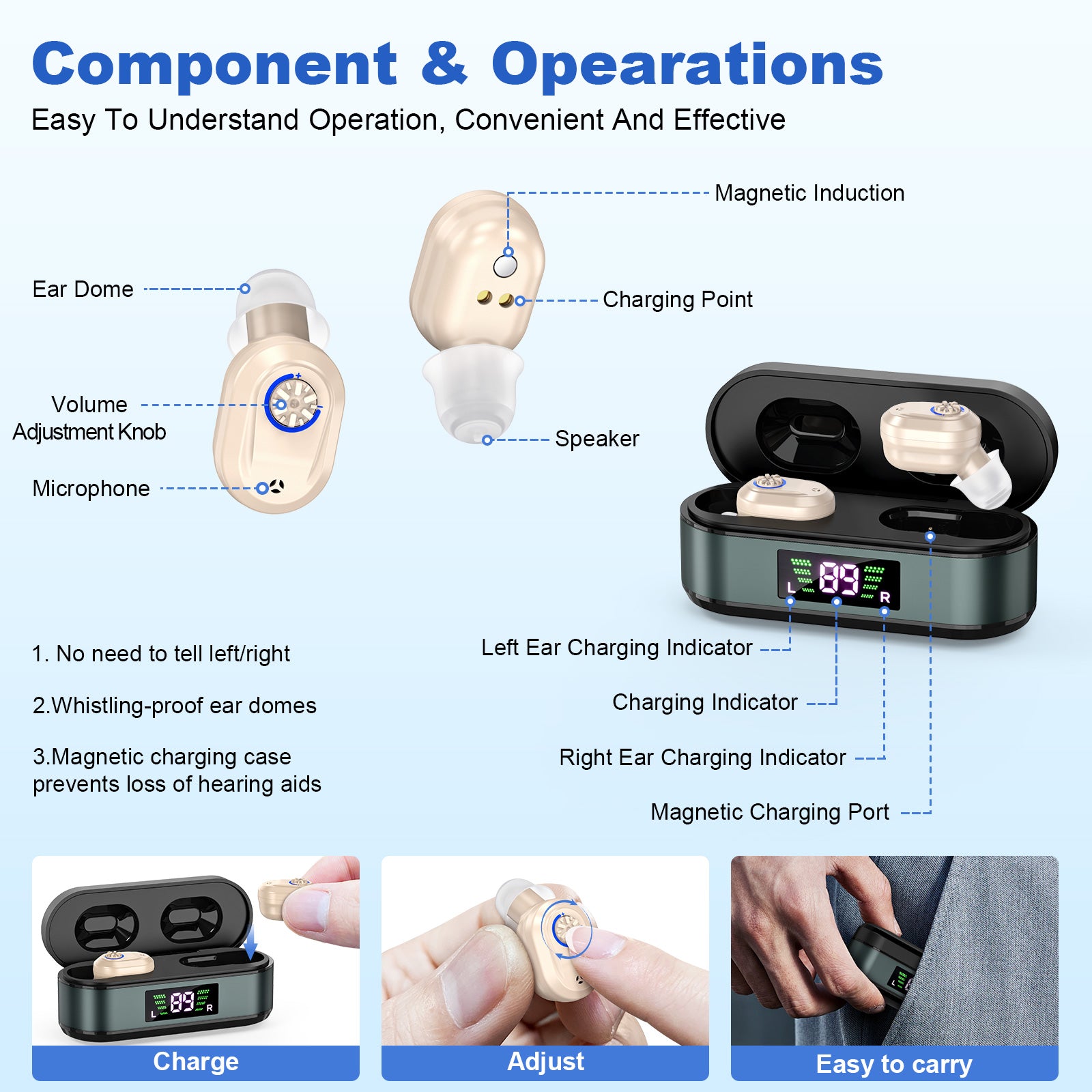 Rechargeable In-the-Ear Hearing Aids with Charging Case and LCD Display - Ultra-Compact Sound Amplifier for V1107-CS-HLCFS