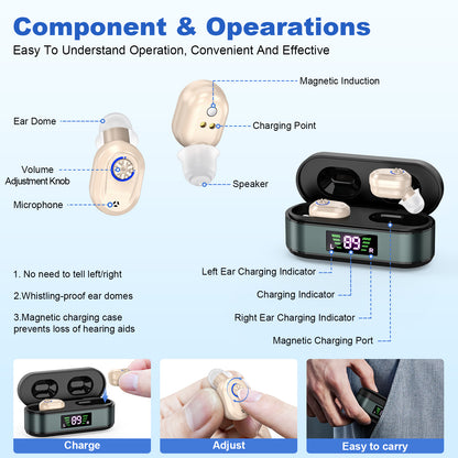 Rechargeable In-the-Ear Hearing Aids with Charging Case and LCD Display - Ultra-Compact Sound Amplifier for V1107-CS-HLCFS