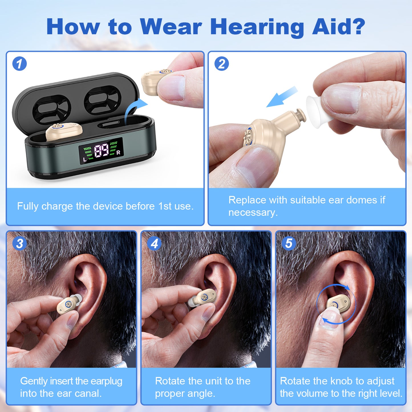 Rechargeable In-the-Ear Hearing Aids with Charging Case and LCD Display - Ultra-Compact Sound Amplifier for V1107-CS-HLCFS