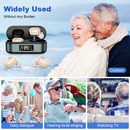 Rechargeable In-the-Ear Hearing Aids with Charging Case and LCD Display - Ultra-Compact Sound Amplifier for V1107-CS-HLCFS