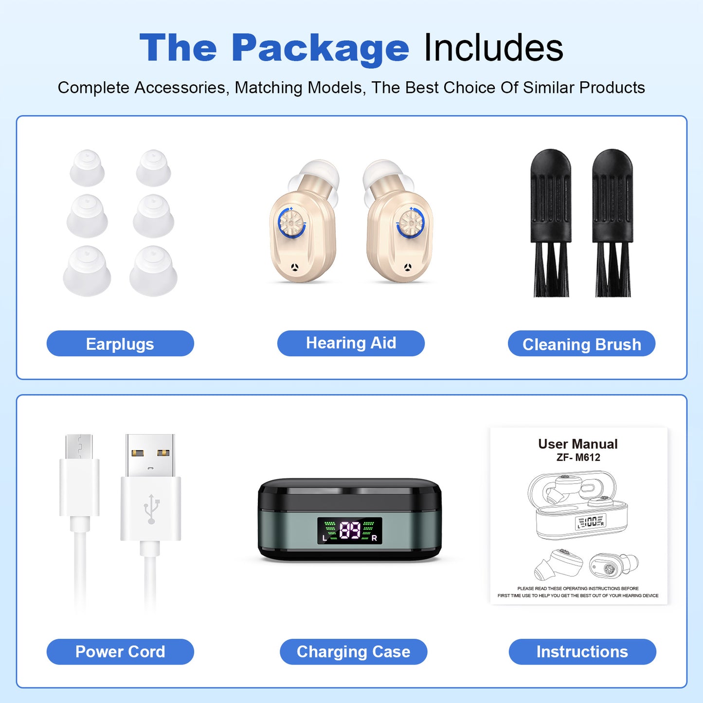 Rechargeable In-the-Ear Hearing Aids with Charging Case and LCD Display - Ultra-Compact Sound Amplifier for V1107-CS-HLCFS