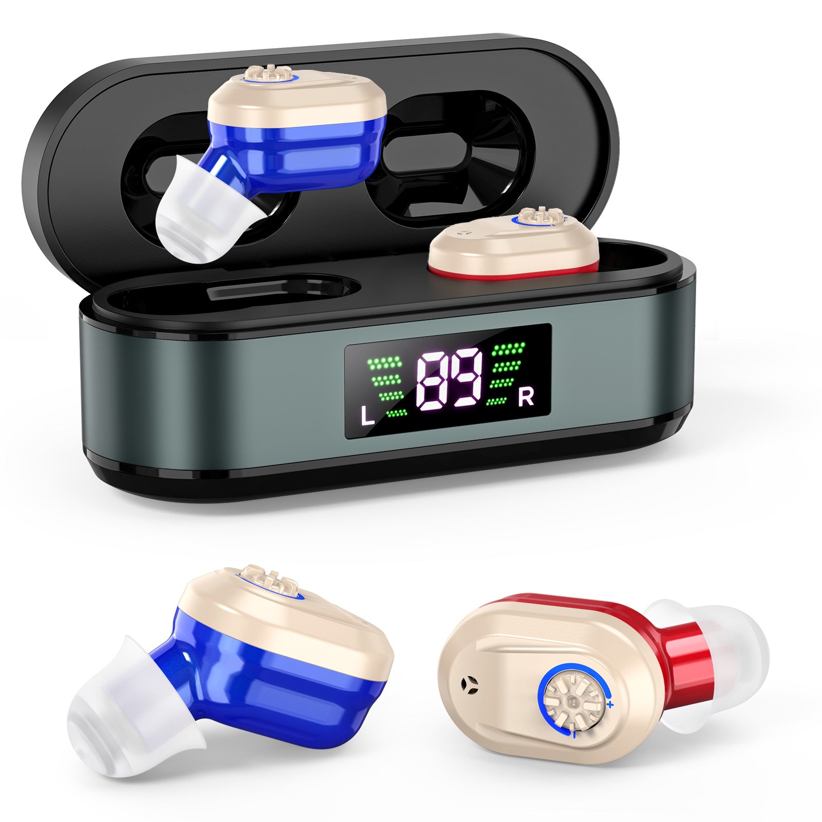 Rechargeable In-the-Ear Hearing Aids with Charging Case and LCD Display - Ultra-Compact Sound Amplifier for V1107-CS-HLCHL