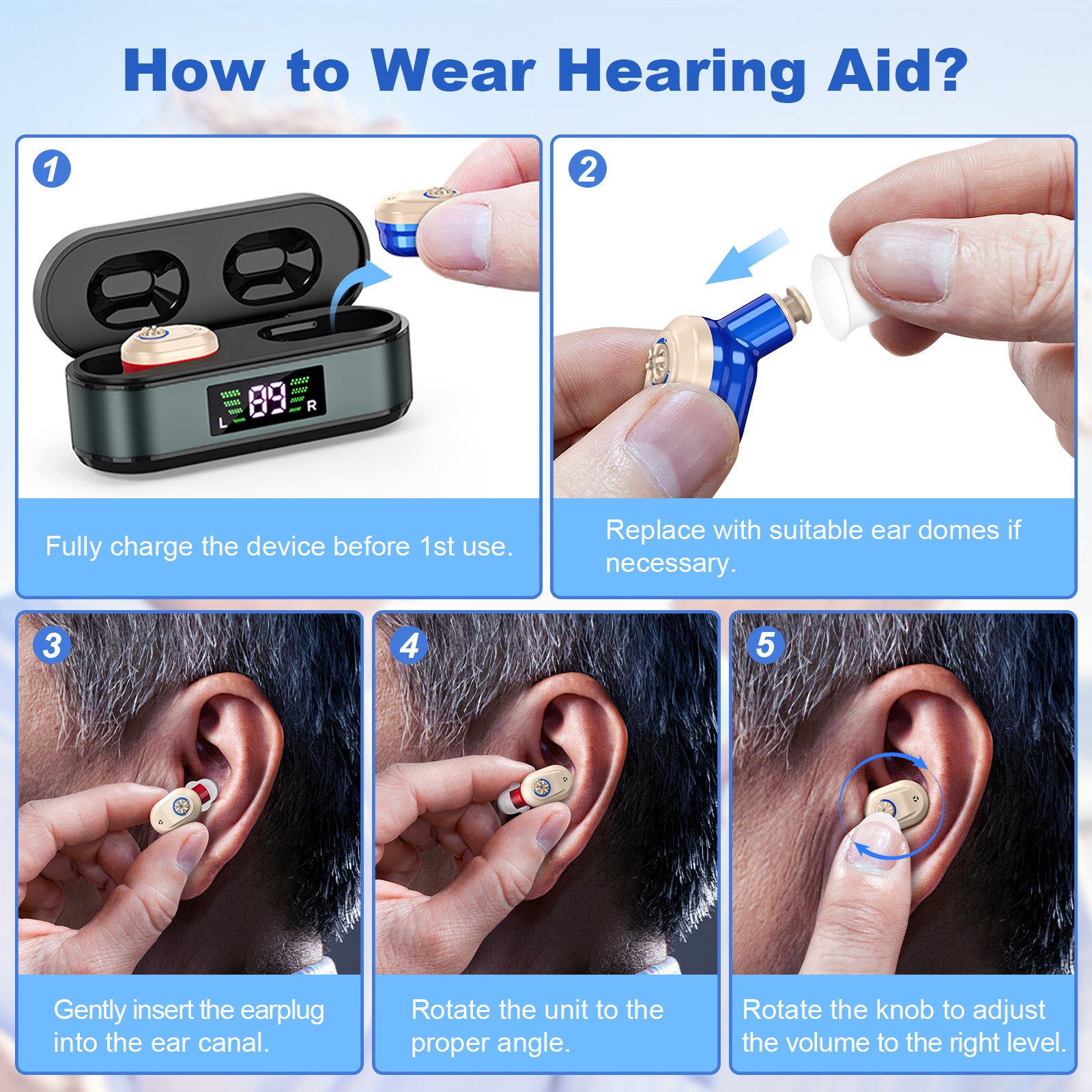Rechargeable In-the-Ear Hearing Aids with Charging Case and LCD Display - Ultra-Compact Sound Amplifier for V1107-CS-HLCHL