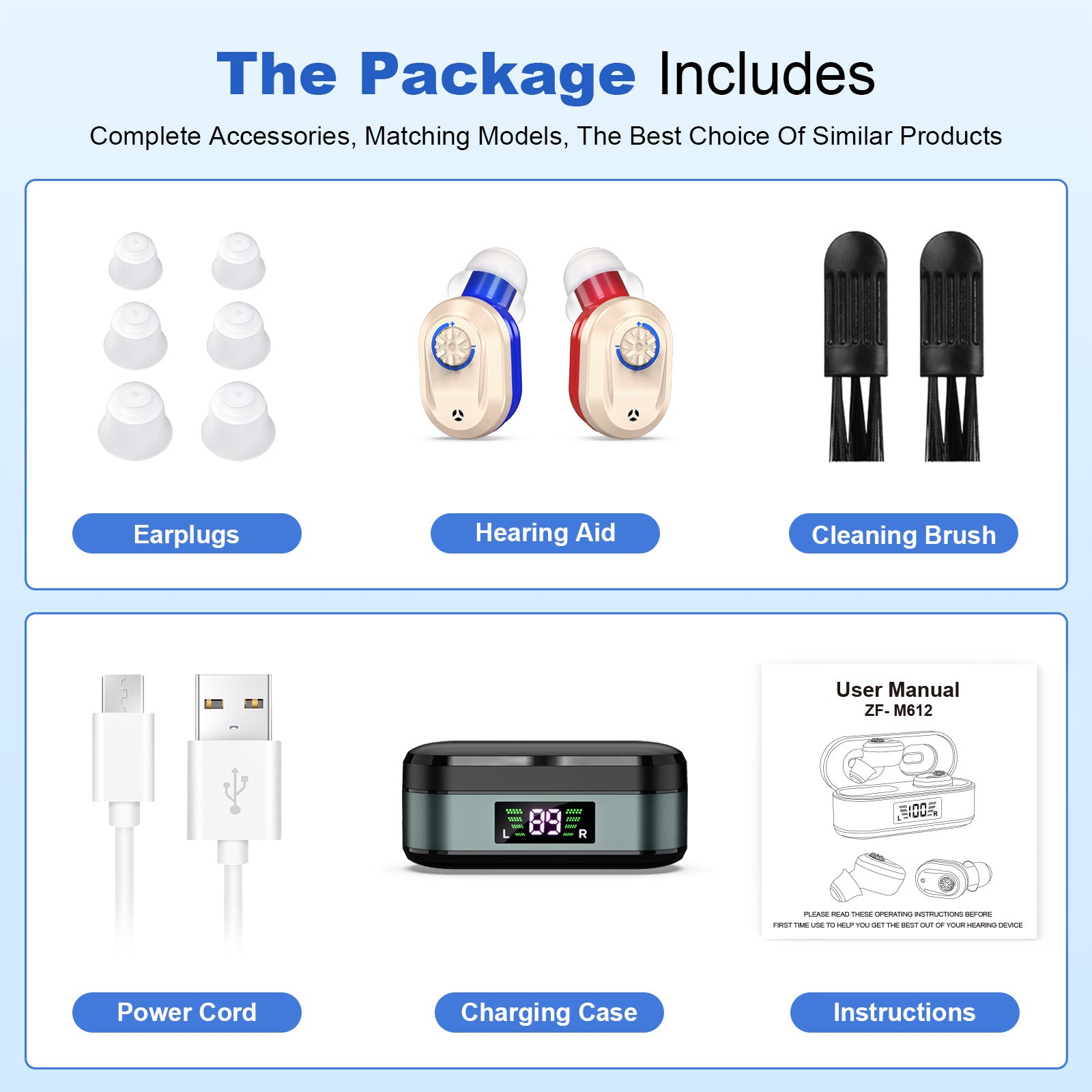 Rechargeable In-the-Ear Hearing Aids with Charging Case and LCD Display - Ultra-Compact Sound Amplifier for V1107-CS-HLCHL
