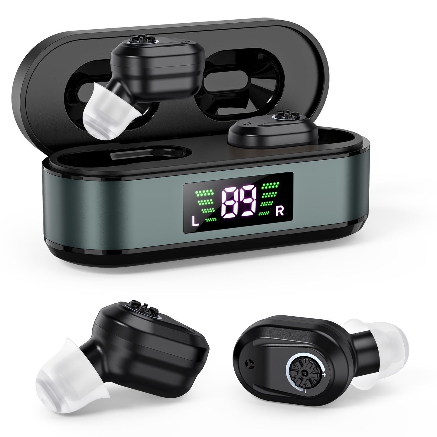 Rechargeable In-the-Ear Hearing Aids with Charging Case and LCD Display - Ultra-Compact Sound Amplifier for V1107-CS-HLCHS