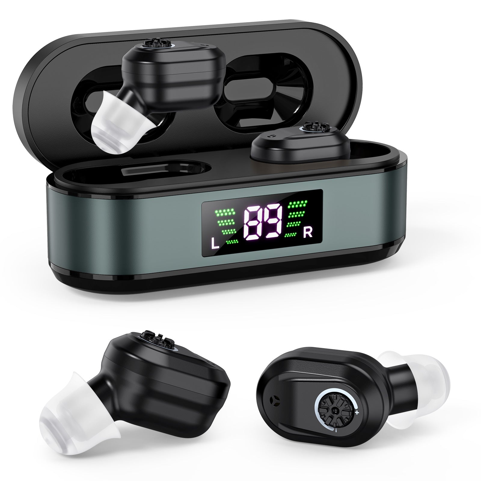 Rechargeable In-the-Ear Hearing Aids with Charging Case and LCD Display - Ultra-Compact Sound Amplifier for V1107-CS-HLCHS