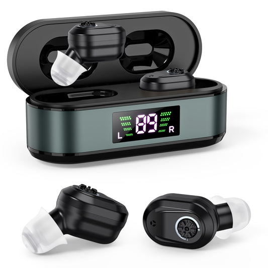 Rechargeable In-the-Ear Hearing Aids with Charging Case and LCD Display - Ultra-Compact Sound Amplifier for V1107-CS-HLCHS