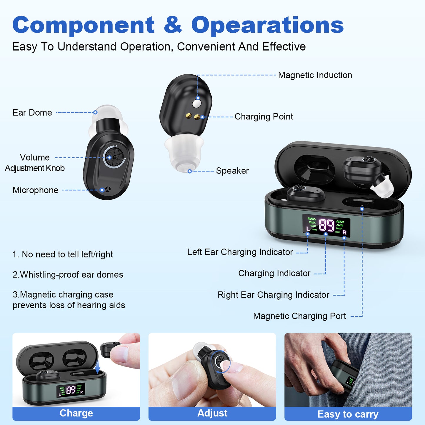 Rechargeable In-the-Ear Hearing Aids with Charging Case and LCD Display - Ultra-Compact Sound Amplifier for V1107-CS-HLCHS