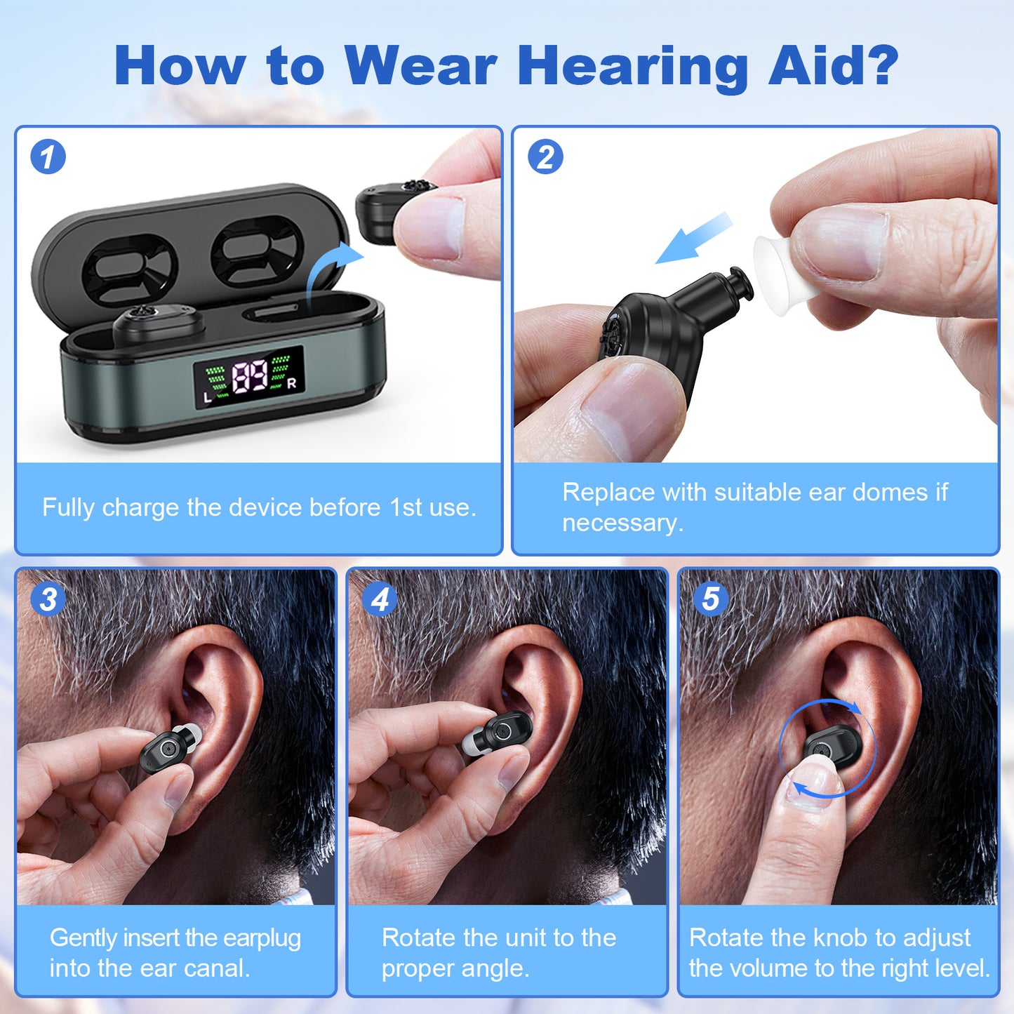 Rechargeable In-the-Ear Hearing Aids with Charging Case and LCD Display - Ultra-Compact Sound Amplifier for V1107-CS-HLCHS