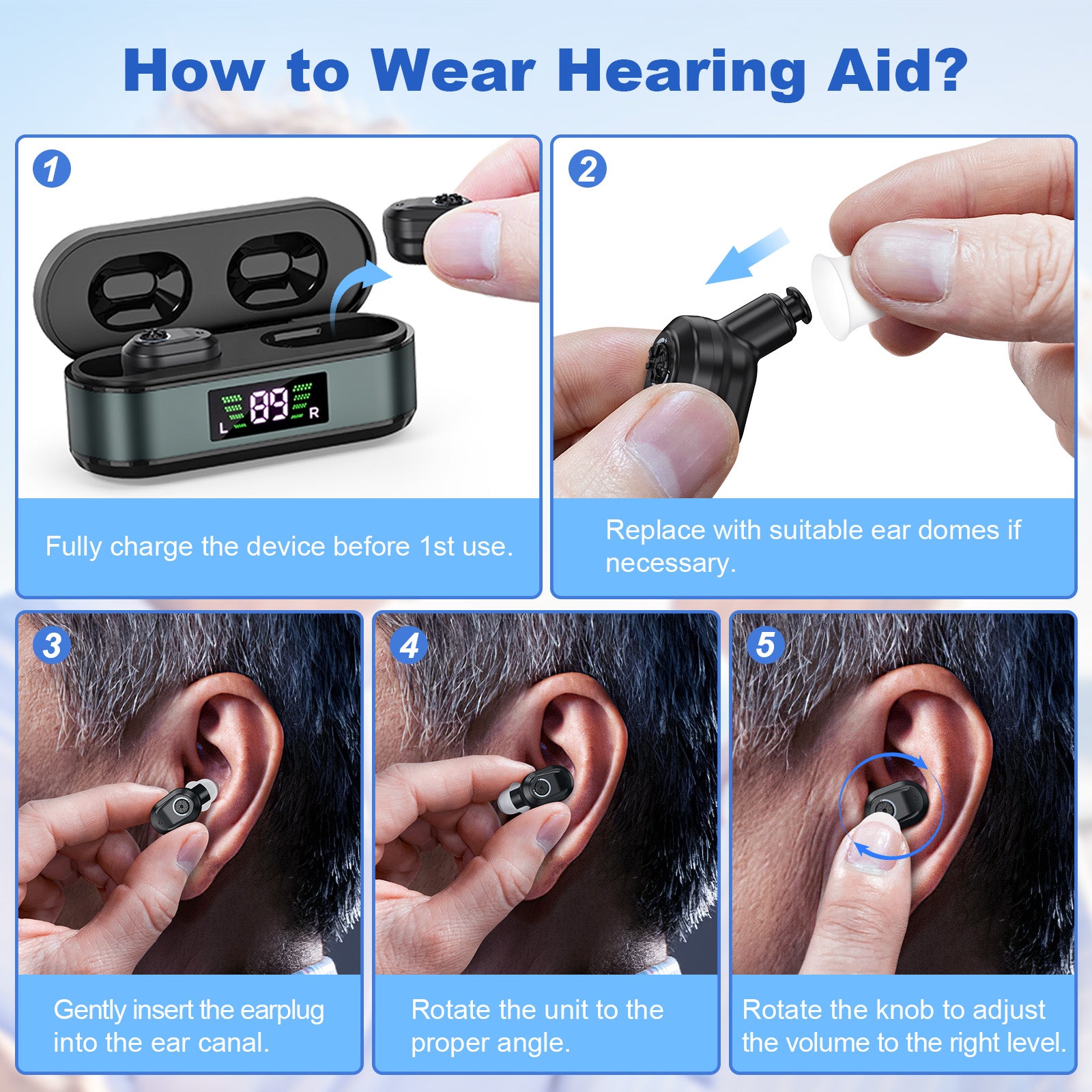Rechargeable In-the-Ear Hearing Aids with Charging Case and LCD Display - Ultra-Compact Sound Amplifier for V1107-CS-HLCHS