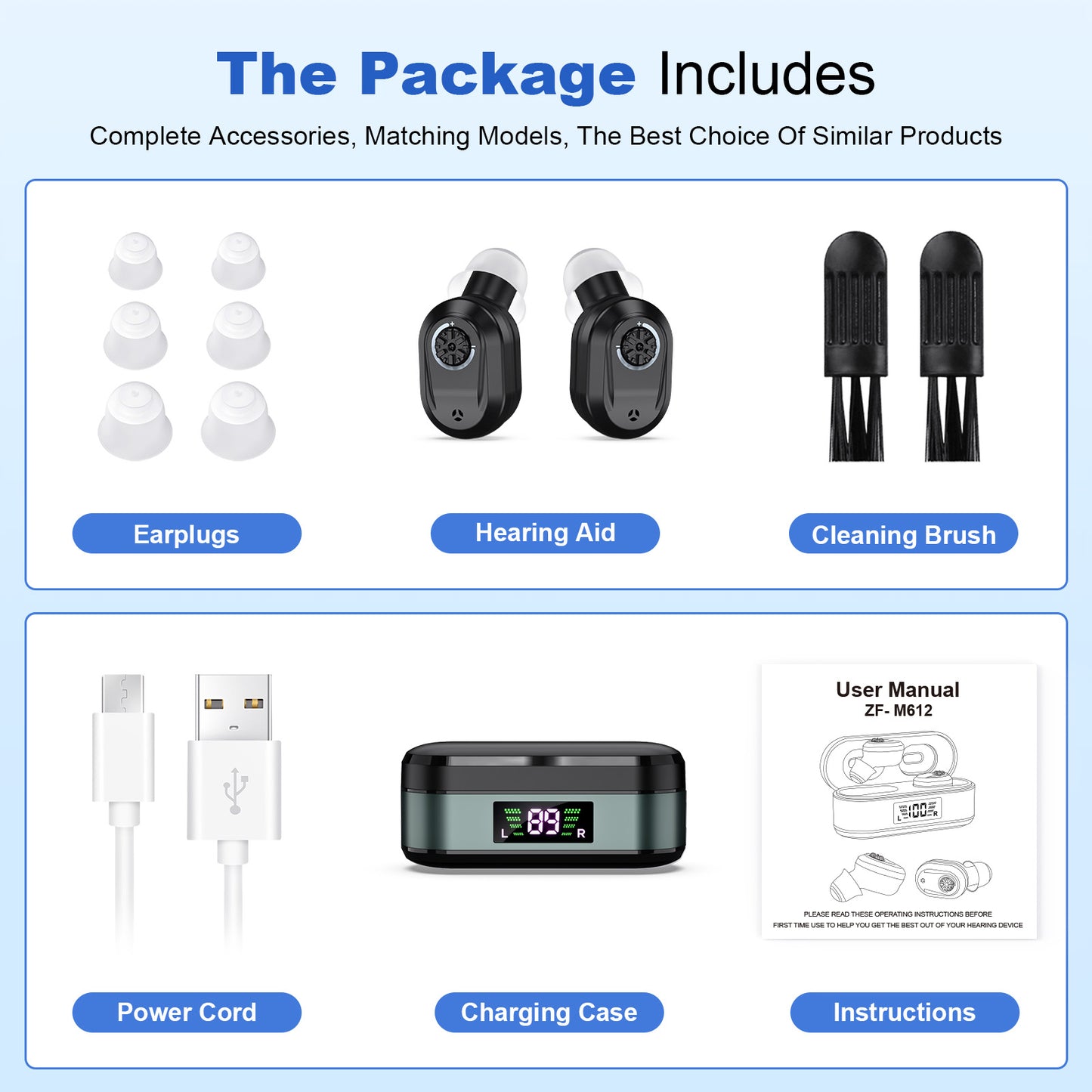 Rechargeable In-the-Ear Hearing Aids with Charging Case and LCD Display - Ultra-Compact Sound Amplifier for V1107-CS-HLCHS