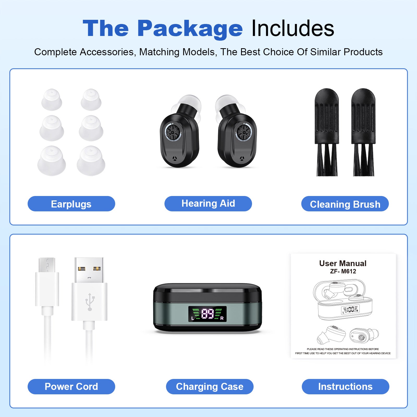 Rechargeable In-the-Ear Hearing Aids with Charging Case and LCD Display - Ultra-Compact Sound Amplifier for V1107-CS-HLCHS