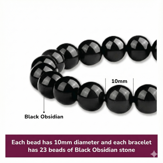 10mm Natural Black Obsidian Beaded Bracelet for Men and Women - Stretchable Healing Crystal Jewelry with V1107-CS-HSJSC10