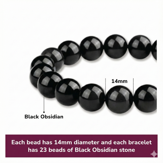 14mm Natural Black Obsidian Beaded Bracelet for Men and Women - Stretchable Healing Crystal Jewelry with V1107-CS-HSJSC14