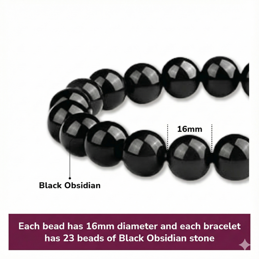 16mm Natural Black Obsidian Beaded Bracelet for Men and Women - Stretchable Healing Crystal Jewelry with V1107-CS-HSJSC16