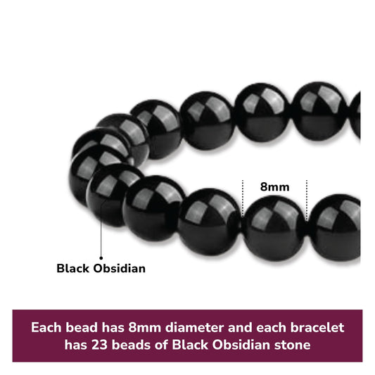 8mm Natural Black Obsidian Beaded Bracelet for Men and Women - Stretchable Healing Crystal Jewelry with V1107-CS-HSJSC8