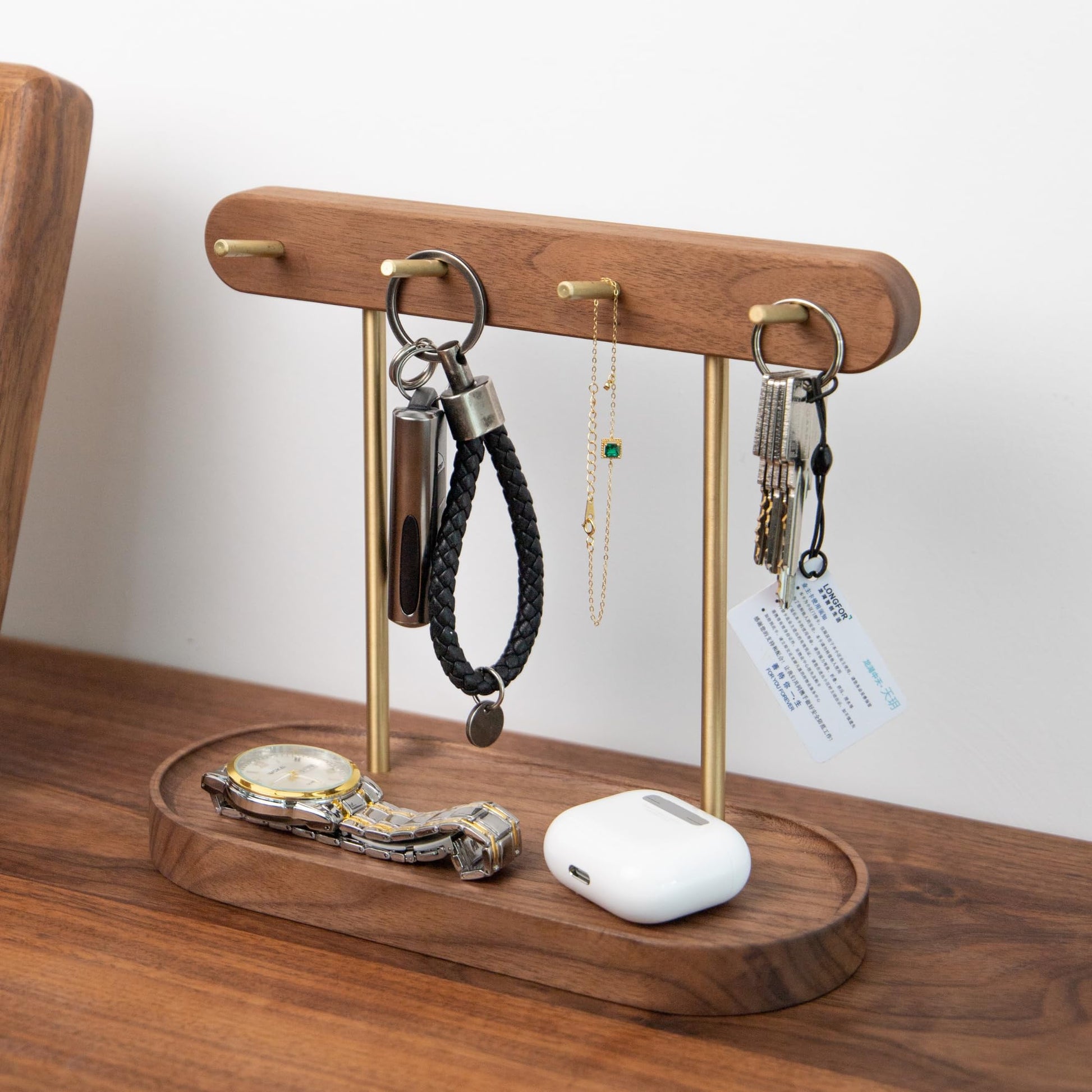 Modern Walnut Wood Key Holder with Brass Hooks - Desktop Organizer for Keys, Jewelry, Watches, and Small V1107-CS-HTMBJZWJ