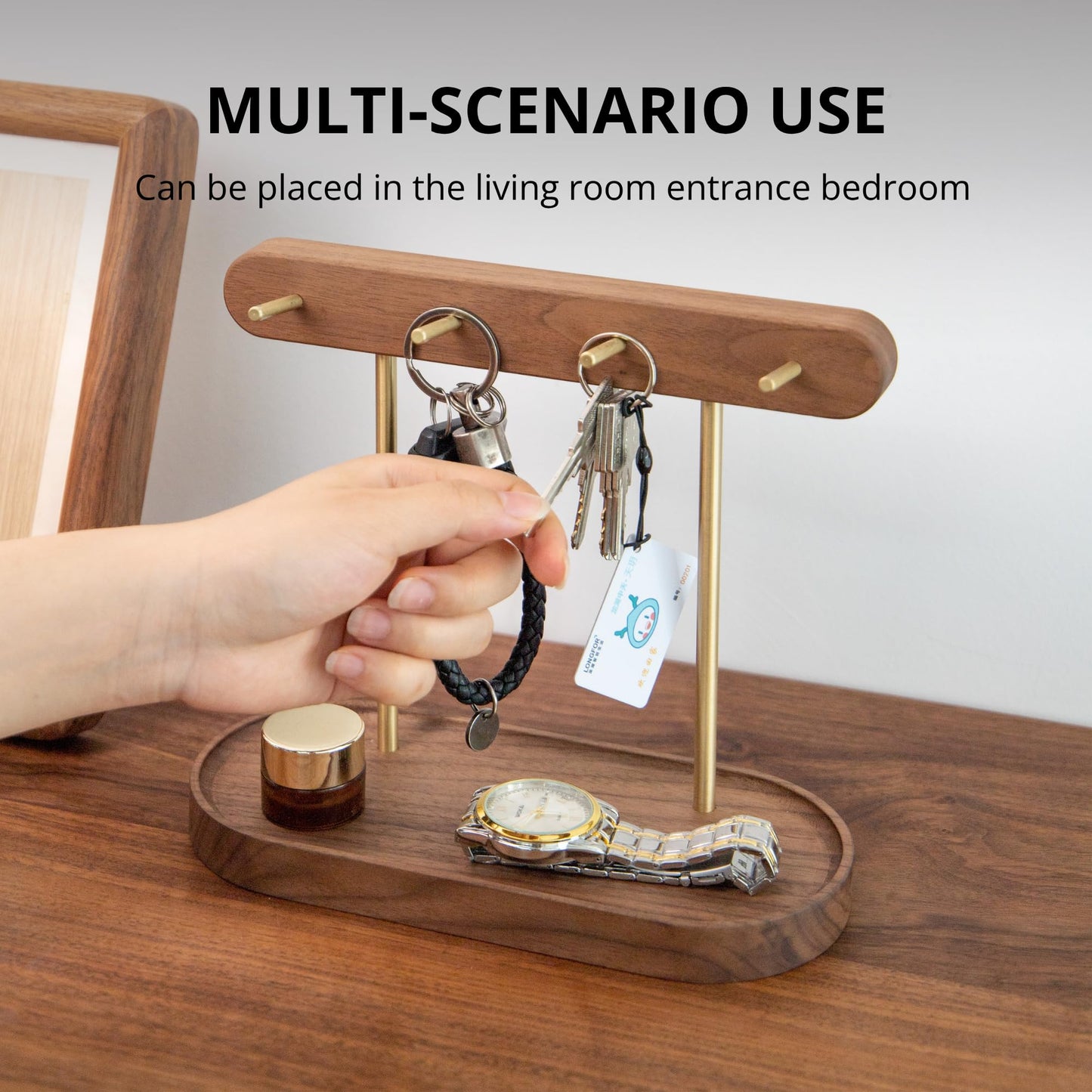 Modern Walnut Wood Key Holder with Brass Hooks - Desktop Organizer for Keys, Jewelry, Watches, and Small V1107-CS-HTMBJZWJ
