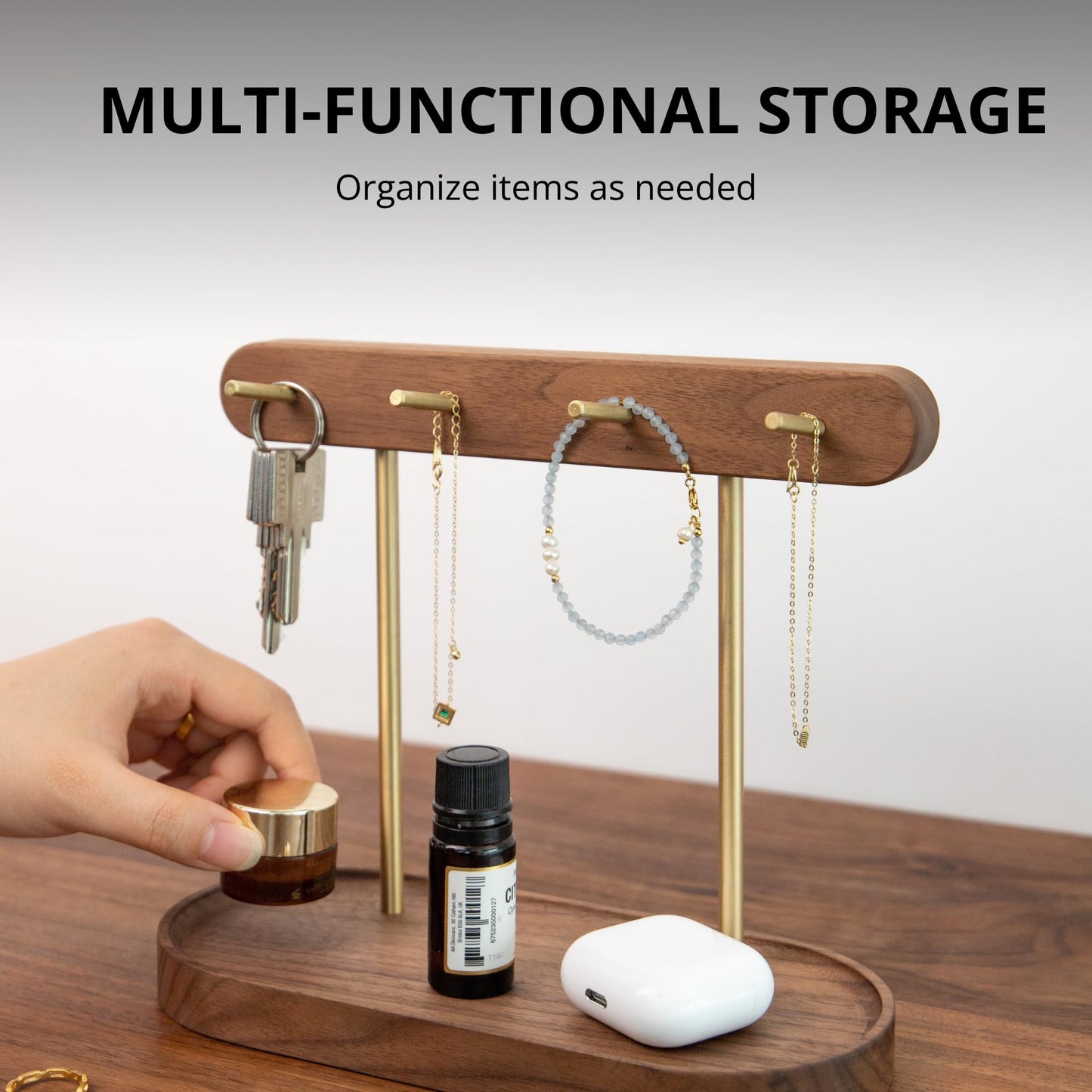 Modern Walnut Wood Key Holder with Brass Hooks - Desktop Organizer for Keys, Jewelry, Watches, and Small V1107-CS-HTMBJZWJ