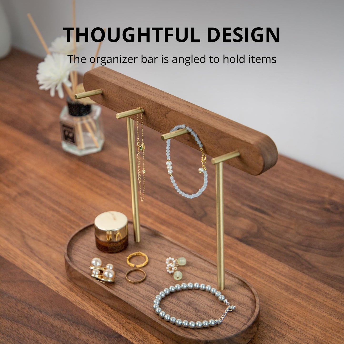 Modern Walnut Wood Key Holder with Brass Hooks - Desktop Organizer for Keys, Jewelry, Watches, and Small V1107-CS-HTMBJZWJ