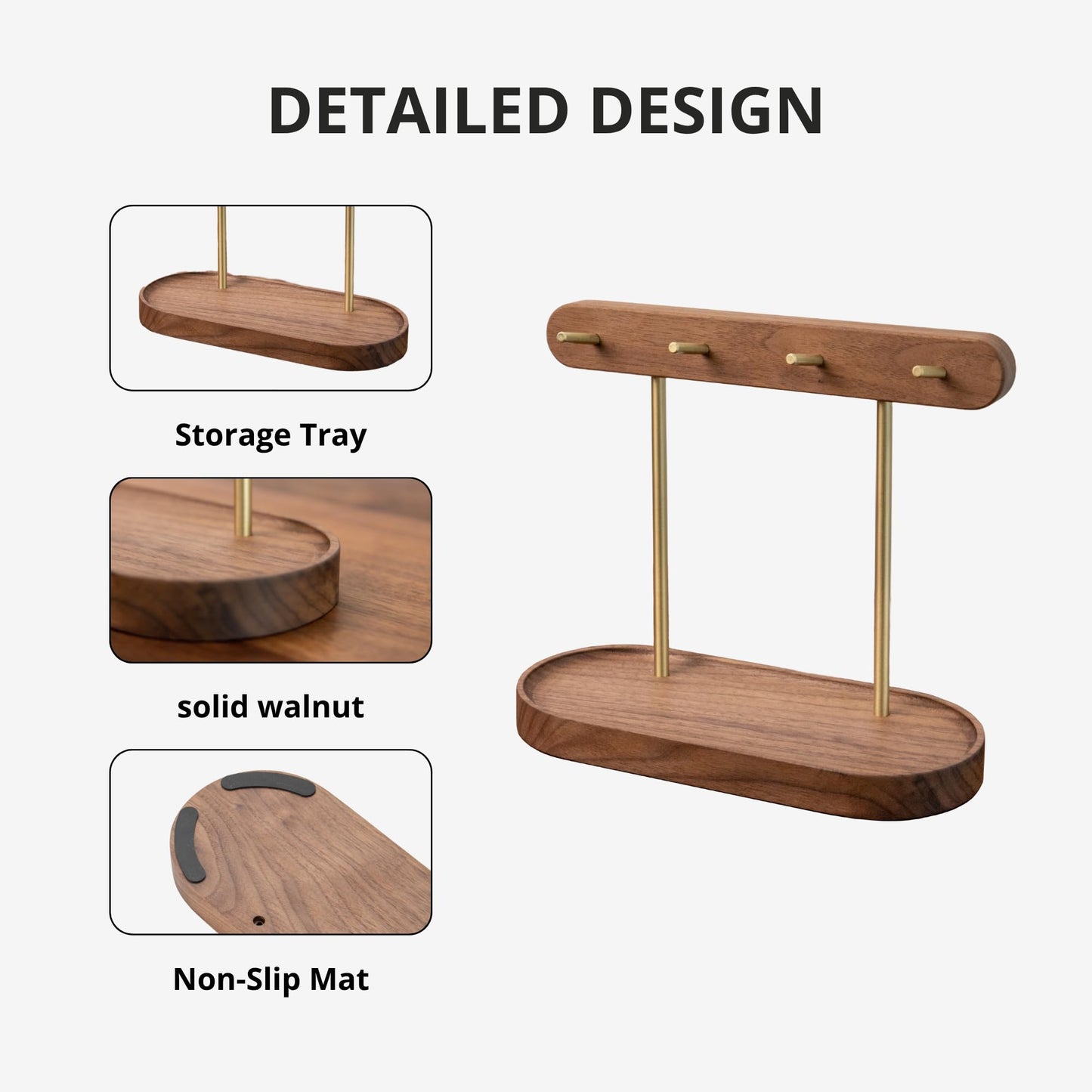 Modern Walnut Wood Key Holder with Brass Hooks - Desktop Organizer for Keys, Jewelry, Watches, and Small V1107-CS-HTMBJZWJ