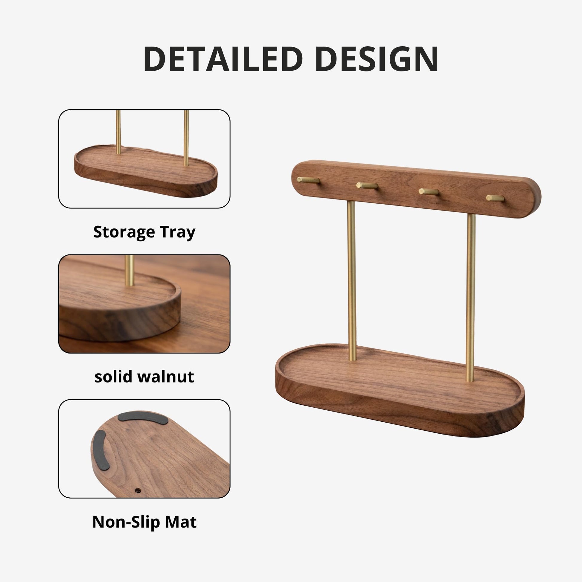 Modern Walnut Wood Key Holder with Brass Hooks - Desktop Organizer for Keys, Jewelry, Watches, and Small V1107-CS-HTMBJZWJ