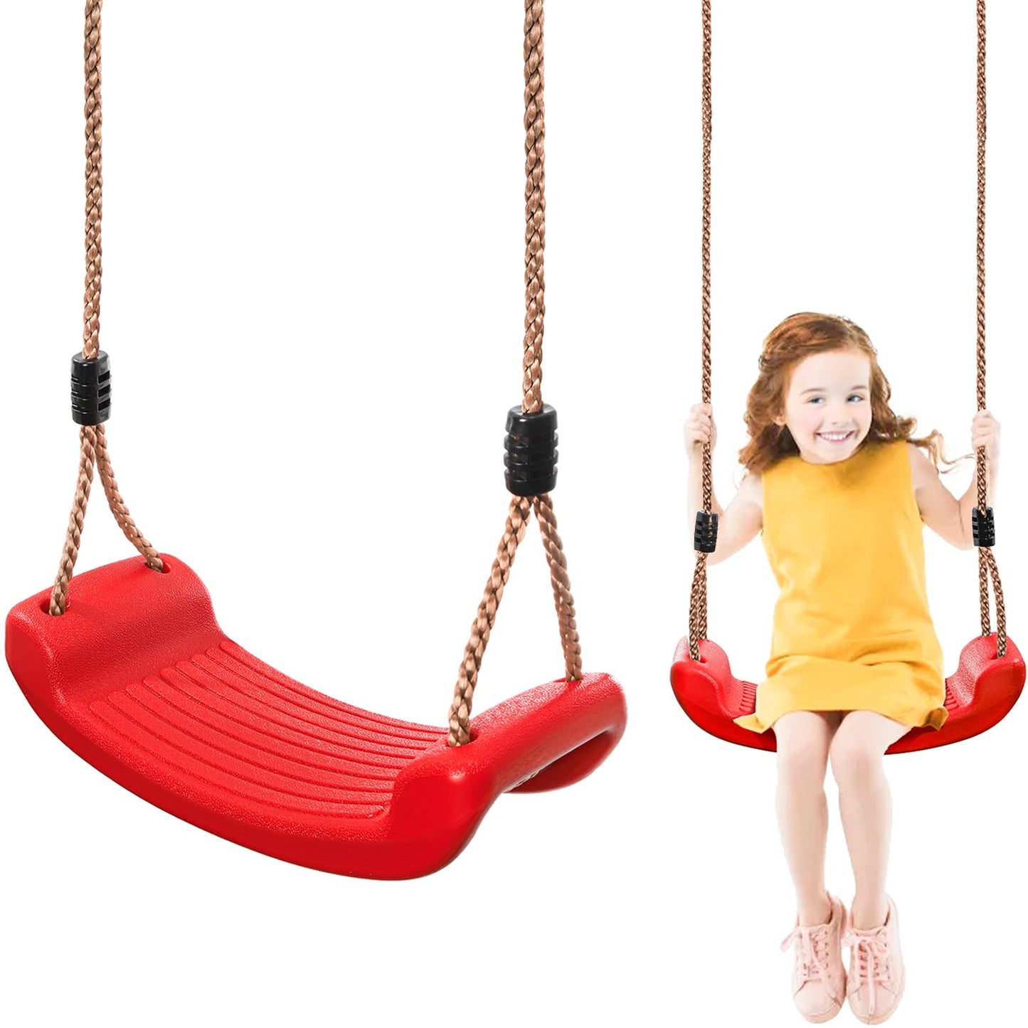Outdoor Kids Plastic Swing Seat with Adjustable Rope - Durable Tree Swing for Backyard, 220lb Capacity, Red V1107-CS-HWQQ